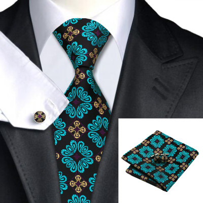 

N-0329 Vogue Men Silk Tie Set Blue Floral Prints Necktie Handkerchief Cufflinks Set Ties For Men Formal Wedding Business wholesale