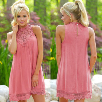 

Women Summer Lace Patchwork Beach Dress Loose Hollow Out Sleeveless Dress S-XL