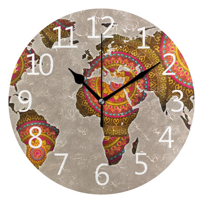 

Wall Clock World Map Mandala Round Wall Clock Arabic Numerals Design