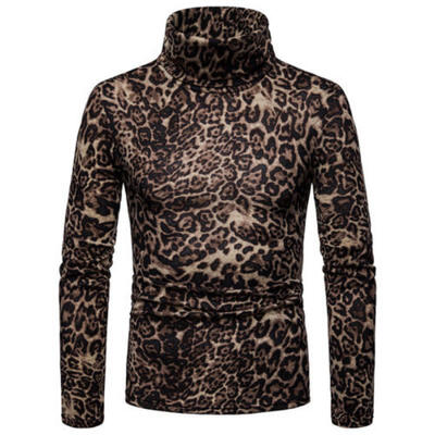 

US Men Fashion Leopard Print Turtle Neck Long Sleeve Knit Pullover Sweater Tops