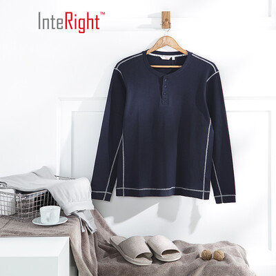 

INTERIGHT home service mens cotton Henry collar long-sleeved trousers suit home service navy blue XXL