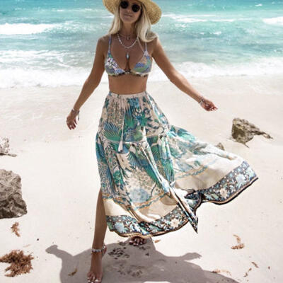 

Boho Women Chiffon High Waist Summer Beach Long Maxi Dress Floral Cover-Up Skirt