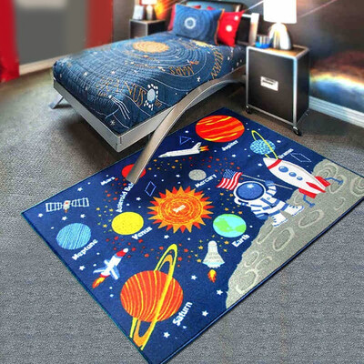 

Blue Solar System Kids Area Rug Educational Learning Carpet Fun Rug Children Area Rug for Playroom & Nursery - Non Skid Gel Backin