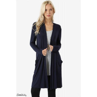 

Womens Long Sleeve Open Front Solid Slim Fit Long Cardigan Outwear Coat Loose