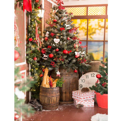

Xmas Tree Large Wooden Barrel Photo Backdrop 57FT Vinyl Fabric Cloth Digital Printing Photo Background st-627