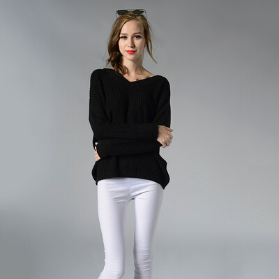 

PREISEI Spring Autumn Women Casual Simple Loose Solid Open Back V-Neck Long Sleeve Pullover Mujer Sweaters Ladies Top