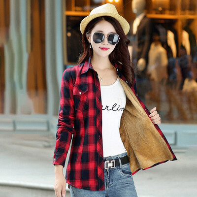 

Langyue womens 2018 winter new Korean version plus velvet shirt female warm shirt plaid student jacket bottoming shirt LWCC188445 red black
