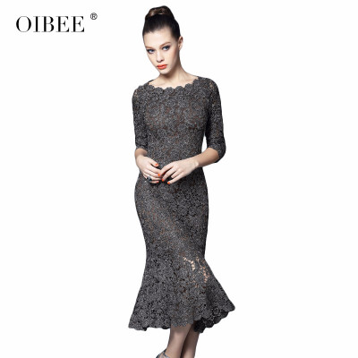 

OIBEE2018 spring new lace seven-point sleeves long embroidered dress Slim bag hip dress female