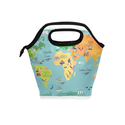 

Lunch Tote Bag World Map Travel Picnic Insulated Lunch Handbags Portable Zipper Lunch Bag Box