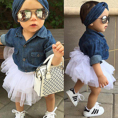 

New Kids Baby Girl Denim Tops ShirtTutu Skirts Dress 3pcs Outfits Set UK Stock