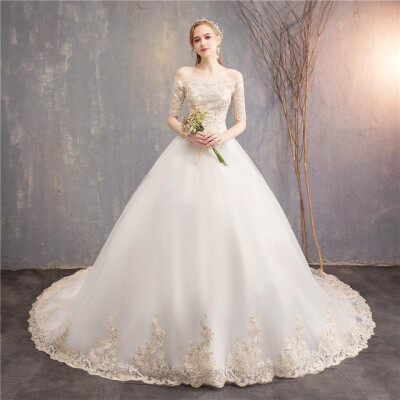 

Princess Colorful Wedding Dress Champagne Lace Half Sleeve Wedding Ball Gown Off The Shoulder Cheap