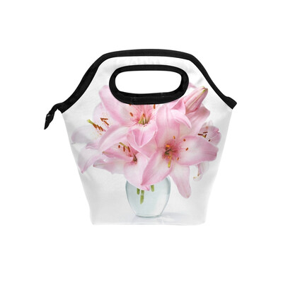

Lunch Bag Pink Flower Tote Travel Picnic Insulated Handbags Portable Zipper Lunch Bag Box