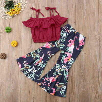 

2PCS Kids Baby Girl Off-shoulder Tops SkirtFloral Bell-Bottoms Pants Clothes UK