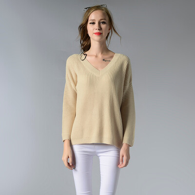 

PREISEI Spring Autumn Women Casual Simple Loose Solid Open Back V-Neck Long Sleeve Pullover Mujer Sweaters Ladies Top
