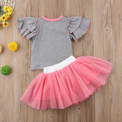 

Newborn Kids Baby Girls Fly Sleeve Tops T-shirt Tulle Short Skirt Dress Outfits