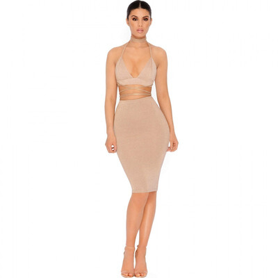 

Sexy Shiny Strap Dress Set Crop Tops Slim Hip Mini Dress Women Party Nightclub Lace-up Bandage Bling Lady Cloth