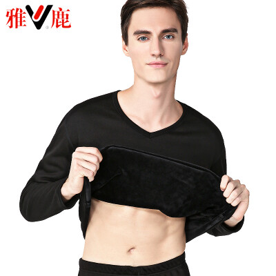 

Yalu thermal underwear mens thickening plus velvet autumn clothes long pants suit de velvet thick warm underwear couple suit male V-neck black XL