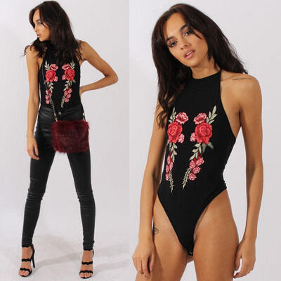 

New Floral Embroidered Strappy Mesh Bodysuit Leotard Bodycon Stretch Top Vest