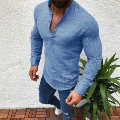 

Mens Linen Flax Breathable T-Shirt Casual V-Neck Long Sleeve Shirt Tops Tees