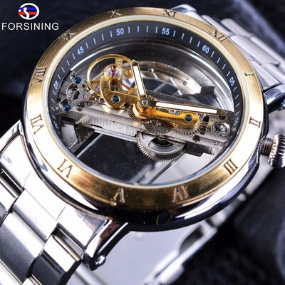 

Forsining Double Side Transparent Tourbillion Silver Case Mechanical Steampunk Mens Skeleton Clock Creative Mechanical Watch