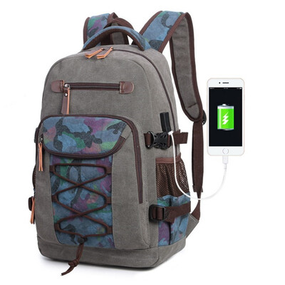 

New canvas bag usb-printed middle school backpack retro mens shoulder computer backpack