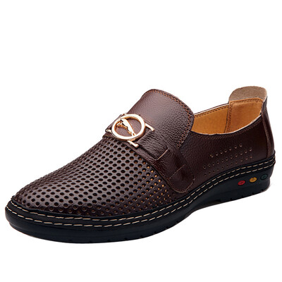 

Men Hollow Out Leather Shoes Summer Casual Loafers Breathable Mesh Sandals