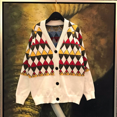 

new 2018 European station sweater long geometric design womens college diamond color knitted sweater cardigan