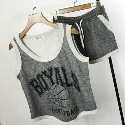 

Free Shipping 2016 New Sport set 2 piece set women Casual Suit Running Tracksuit Gray Tank &Shorts