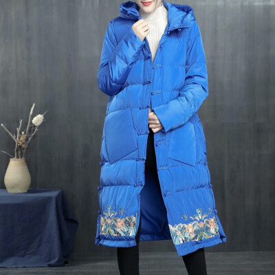 

New down jacket national wind hem embroidery retro buckle hooded long down jacket