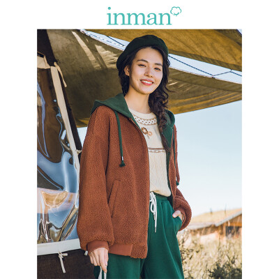 

INMAN 2018 winter new hit color hooded fur off shoulder loose cute short coat female 1884042680 caramel color