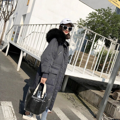 

Winter 2018 Korean version of the long knee-length large-pocket raccoon fur collar pull rope to show off a thin womans down jac