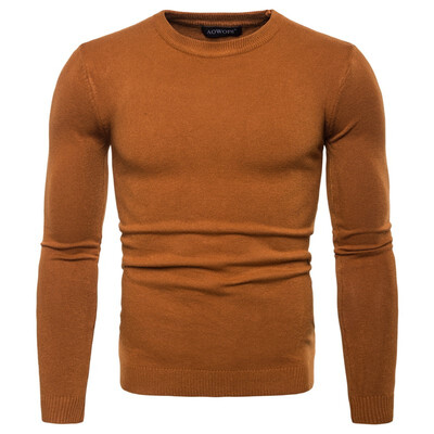 

AOWOFS European code mens round neck sweater Amazon foreign trade solid color long-sleeved mens knit bottoming shirt YM005