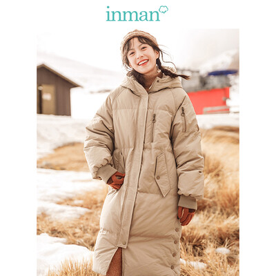 

INMAN 2018 winter new style plus velvet hood long section over the knee windproof warm thick down jacket jacket female 1884121170 khaki L