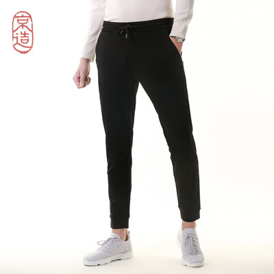 

JZAO Mens knit beam feet sanded casual pants drawstring solid color autumn&winter thick section black 34 17586A