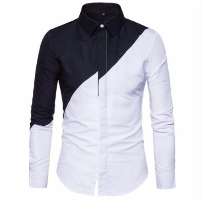 

2018 Mens Cotton Black White Stitching Color Shirts Casual Slim Fit Fashion Man Lapel Large Size Long-sleeved Shirts Male S-2XL