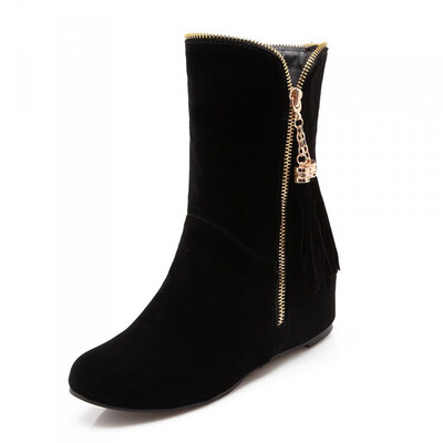 

IDIFU Womens Stylish Fringes Round Toe Heighten Inside Low Heel Side Zipper Velvet Short Boots