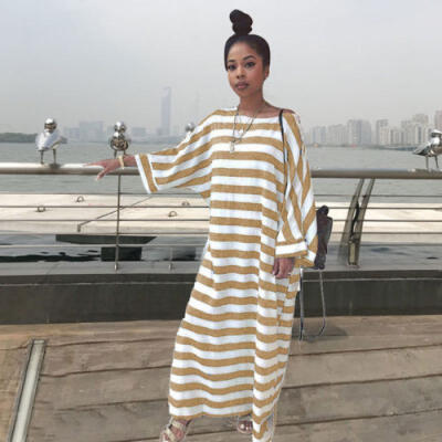 

Fashion Women Long Sleeve Oversized Striped Round Neck Pocket Long Maxi Dress