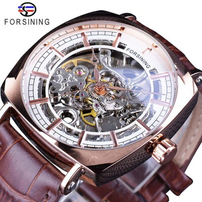 

Forsining Genuine Leather Fashion Royal Luxury Gold Clock Transparent Skeleton Men Automatic Mechanical Watches Top Brand