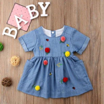 

New Kids Baby Girls Denim Dress Pocket Embroidery Party Dress Princess Clothing