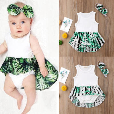 

Newborn Infant Baby Kid Girls Sleeveless Romper Dress Clothes Outfits Leaves Set