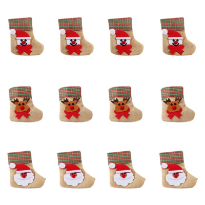 

UpperX 12 pcs Mini Christmas Stocking Gift 3d Santa Claus Snowman Christmas reindeer in sock canvas Cutlery for Xmas decor