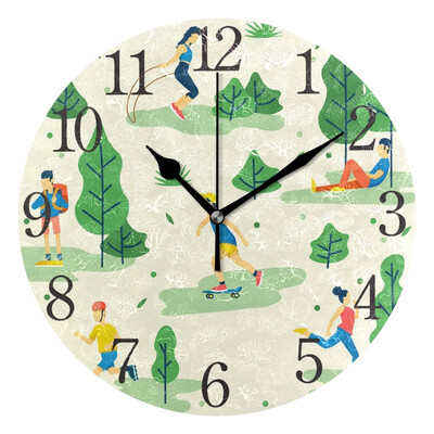 

Wall Clock Arabic Numerals Design People Doing Exercise The Forest Round