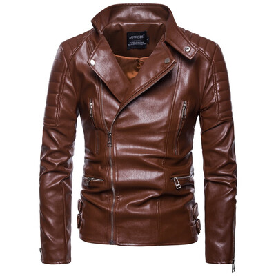 

AOWOFS winter new European&American style mens locomotive multi-zip leather jacket large size leather jacket B030