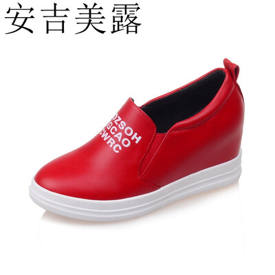 

安吉美露2017平底内增高小白鞋中跟休闲鞋大小码32-43厚底坡跟乐福单鞋女