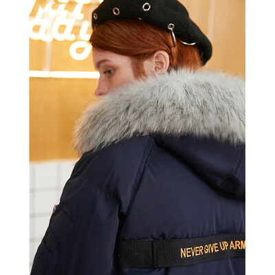 

PASS big fur collar down jacket female long section 2018 new simple dark blue warm coat jacket loose tide 68409PA12032 dark blue