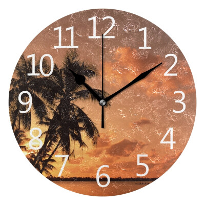 

Wall Clock Arabic Numerals Design Coconut Tree Sunset Round