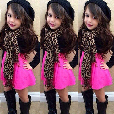 

Princess Baby Girls Dress Tops ShirtSkirtScarf Leopard Outfits Set 3-Pieces UK