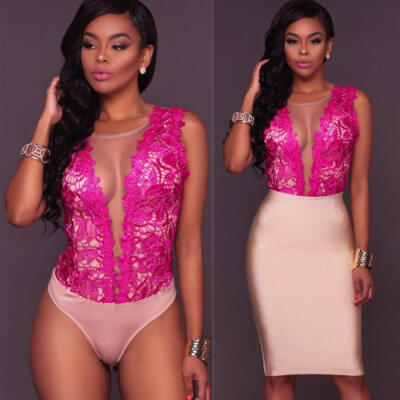 

Women Lace Jumpsuit Bodycon Bodysuit Leotard Top Romper Blouse Sleeveless Shirts