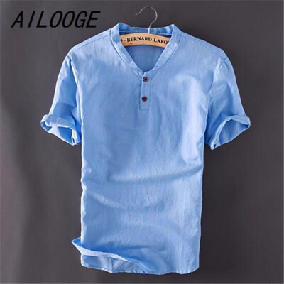 

Plus Size -5XL Mens Pullover Linen Shirts Short Sleeve Summer Mens Quality Casual Shirts Slim fit Solid Cotton Shirts