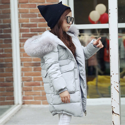 

2018 New Blue Children Winter Jacket Girl Winter Coat Kids Warm Thick Fur Collar Hooded long down Coats For Teenage 6 8 10 12 14